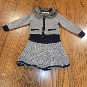 Herringbone Dress with Faux Fur Collar